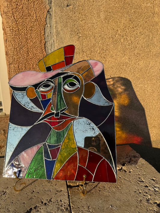 Vitrail artisanal – Portrait cubiste multicolore
