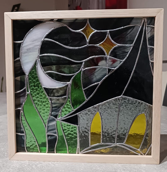 Vitrail “Maison Fantastique” – Style Tim Burton – Cadre amovible & LED multicolores